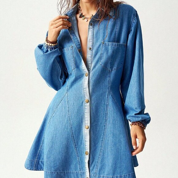 Dresses & Skirts - Dark Wash Casual Women's Loose Denim Long Sleeve Mini Dress